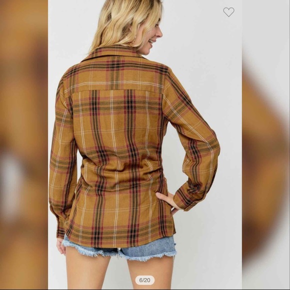 Brandy Ruched Waist Plaid Button Down- Camel - Picture 5 of 5